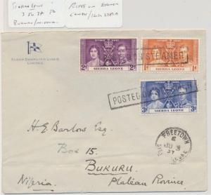 SIERRA LEONE -BUKURU NIGERIA 1937 POSTED AT SEA COVER, WITH CORONATION SET