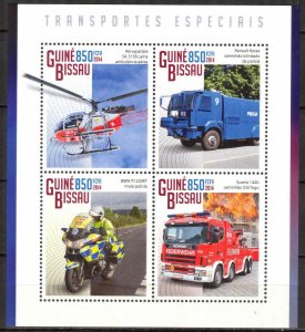 Guinea Bissau 2014 Special Transport Fire Trucks Motorcycles Helicopters Sh. MNH