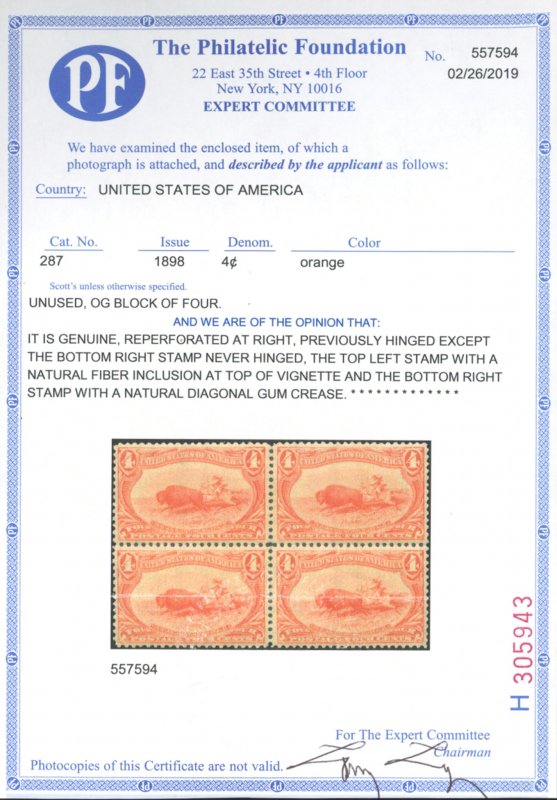 U.S. #287 MINT PAIR WITH PF CERT OG LH