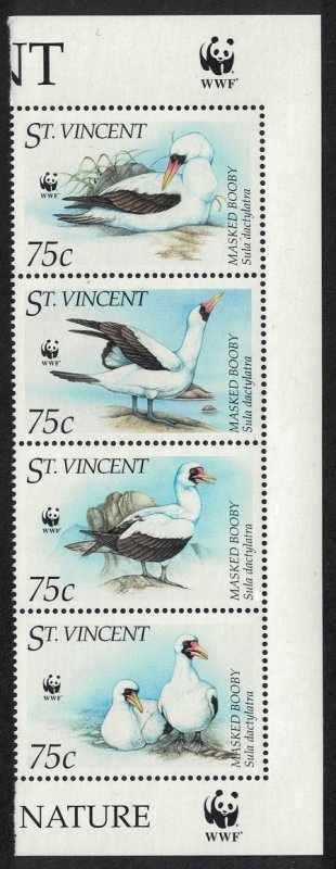 St. Vincent Birds WWF Masked Booby Strip of 4v WWF Logo 1995 MNH