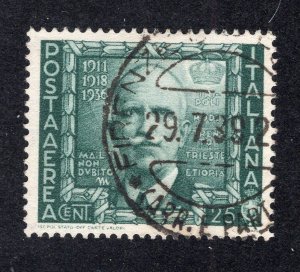 Italy 1938 25c dull green Emmanuel III Airmail, Scott C100 used, value = $6.50