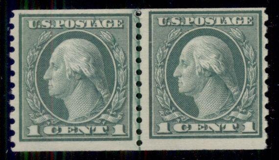 US #452 1¢ green, Joint Line pair, og, NH, light gum skip, VF, Scott $160.00