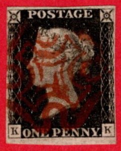 GBR SC #1 U (K,K) 1840 Queen Victoria 4 margins w/red cancel CV $375.00