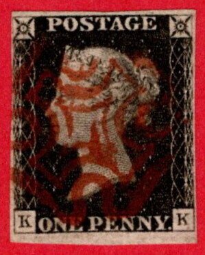 GBR SC #1 U (K,K) 1840 Queen Victoria 4 margins w/red cancel CV $375.00