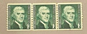 Scott#: 1299 - Thomas Jefferson 1c 1968 3 coiled stamps MNH OG