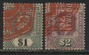 Straits Settlements KEVII 1902 $1 and 1904 $2 revenue used