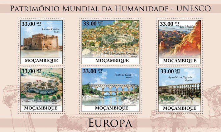 MOZAMBIQUE - 2010 - UNESCO Heritage, Europe #2-Perf 6v Sheet-Mint Never Hinged