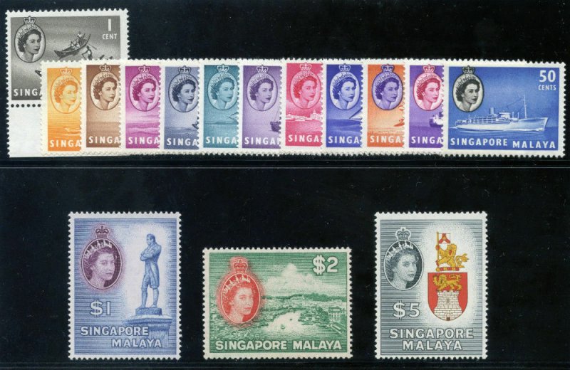 Singapore 1955 QEII set complete superb MNH. SG 38-52. Sc 28-42.