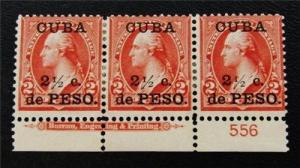 SCOTT # 223 A  MH CUBA OVERPRINT STRIP OF 3 WITH ENGRAVER AND PLATE NUMBER. WOW!