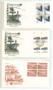 United Nations 394-95/396 1983 Sea safety, food program FDCs, artmaster cachets; 3 different blocks of 4 FDCs, U/A