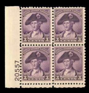 United States, 1930-Present #708 Cat$20, 1932 3c purple, plate block of four,...