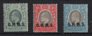 Somaliland 1904 OHMS ½a, 1a, 8a fine mint sgO10, 11, 13 cat £79