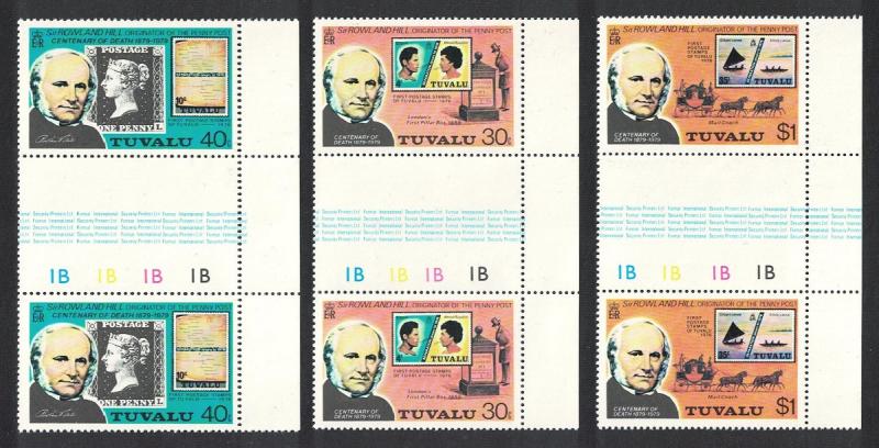 Tuvalu Death Centenary of Sir Rowland Hill 3v Vertical Gutter Pairs 1979 MNH