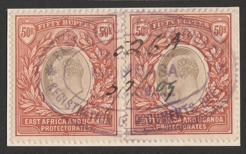 KENYA, UGANDA & TANGANYIKA 1903 KEVII 50R, 2 on piece, wmk crown CC, top value 