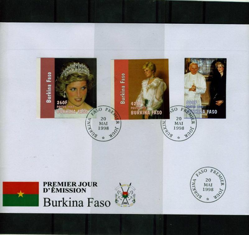 Burkina Faso 1998 Pope John Paul II Princess Diana Set (3) Imperforated in FDC