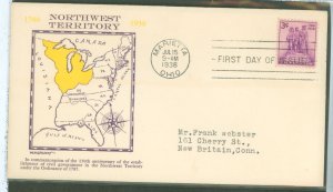 US 837 1938 3c Northwest Territory Sesquicentennial on an addressed (typed) FDC with a Staehle Cachet