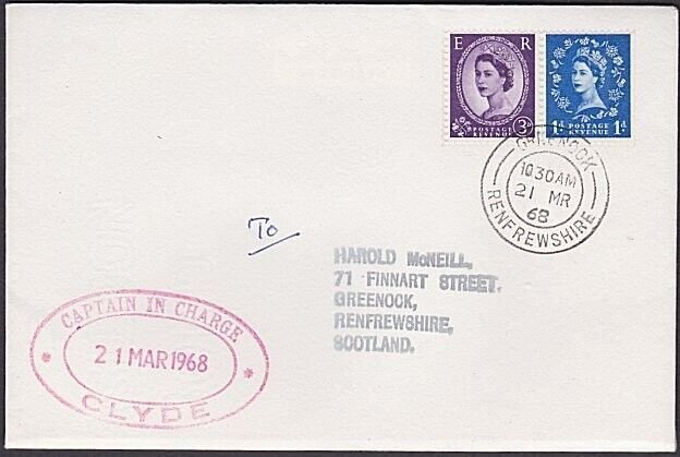 GB SCOTLAND 1968 Greenock cover - CAPTAIN IN CHARGE / CLYDE cachet.........x983