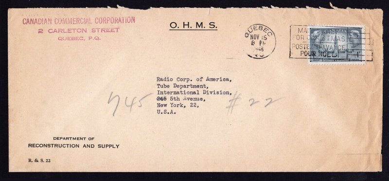 CCC CANADA TO RCA INTL NY OHMS COVER WITH BACK STAMP - 1948