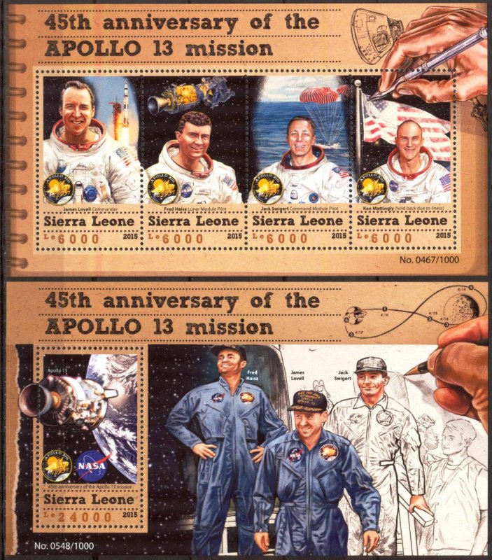 Sierra Leone 2015 Space 45 Years of Mission Apollo 13 Sheet + S/S MNH