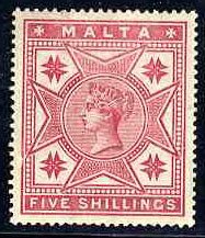 Malta #14 Cat$125, 1886 Victoria, 5sh rose, hinged