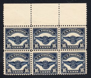 US C5 16c Air Mail Top Margin Block of 6 Mint VF OG NH