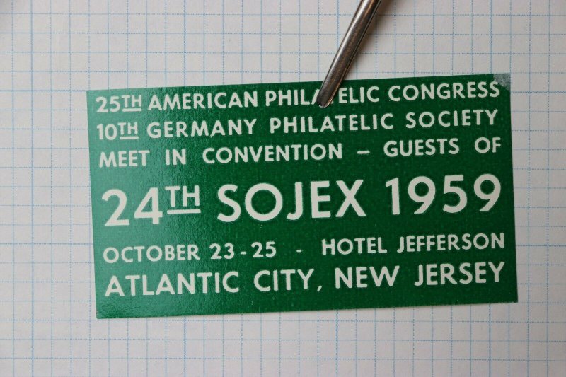 1959 24th SOJEX Atlantic City NJ Philatelic Congress Souvenir Label Ad Jefferson