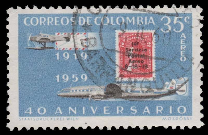 AIRMAIL STAMP FROM COLOMBIA 1959 SCOTT # C347 USED. # 3