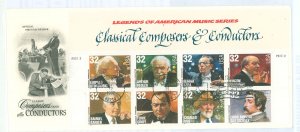 US 3165a 1997 32ct composers & conductors (plate block of eight) on an unaddressed first day cover with an artcraft cachet.