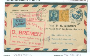 US 586/591/UC1 1929 Catapult cover sent from New York City to Europe via the SS Bremen with airplane service from the ship to th