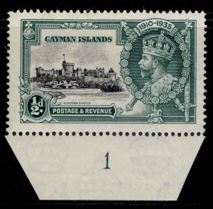 CAYMAN ISLANDS GV SG108f, ½d DIAGONAL LINE by TURRET PLATE 1, M MINT. Cat £70.