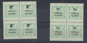 Tokelau 1966 7c 8d Surcharge Blocks of 4 MNH J5821