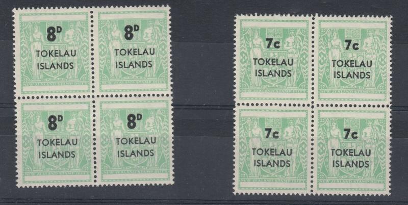 Tokelau 1966 7c 8d Surcharge Blocks of 4 MNH J5821