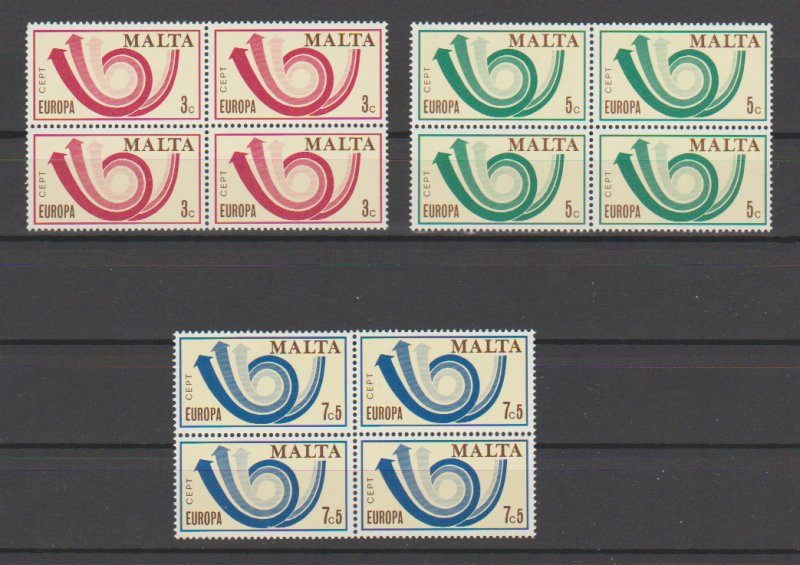 Malta 469-471 MNH Blocks of 4 Europa 1973 CEPT Stylized Post Horn