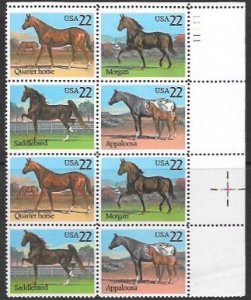 US #2155-58 MNH PB of 8. Horses. Quarter horse, Morgan, Saddlebred, Appaloosa.