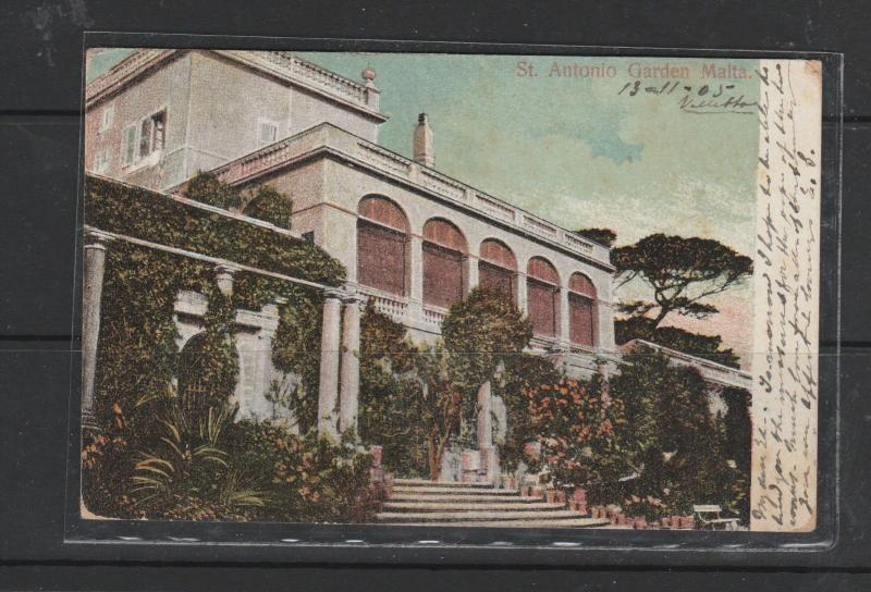 Malta 1905 Coloured PPC to Napoli via Gibraltar, Picture St Antonio Garden,Malta