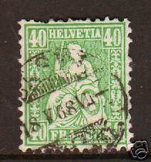 Switzerland Sc 47 used 1862 40c green Helvetia F-VF 