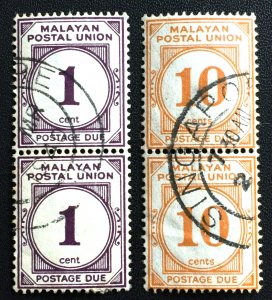 Malaya 1936-38 Malayan Postal Union 1c & 10c vertical pairs Used SG#D1&D4 M3935