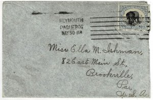 Liberia 1911 Plymouth Paquebot cancel on cover to the U.S., ELEPHANT image