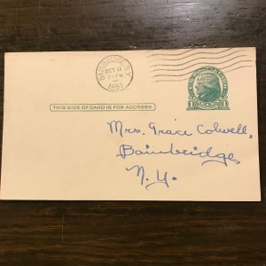 US SC UX27  1¢ Jefferson Post Card (8) Canceled Bainbridge, NY OCT. 1951