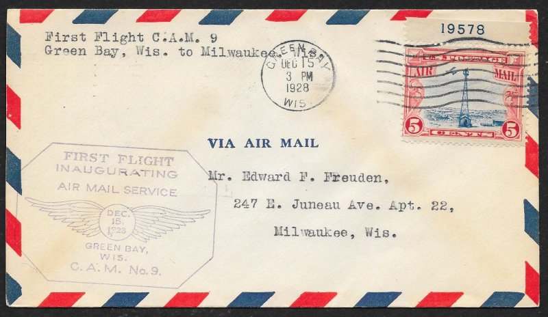 UNITED STATES C11 plate number First Flight Cover c1928 Green Bay to Milwaukee