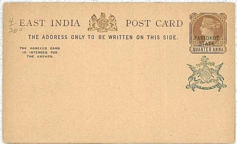 15299 - INDIA - POSTAL STATIONERY: FARIKDOT STATE: H&G 4-LIONS-