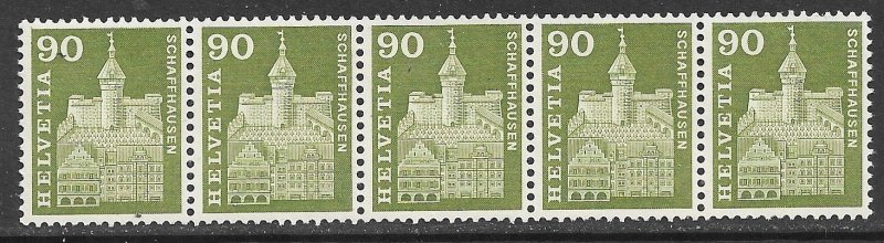 SWITZERLAND 1960-63 90c Munot Tower Coil Strip of 5 w Control Number Sc 395 MNH