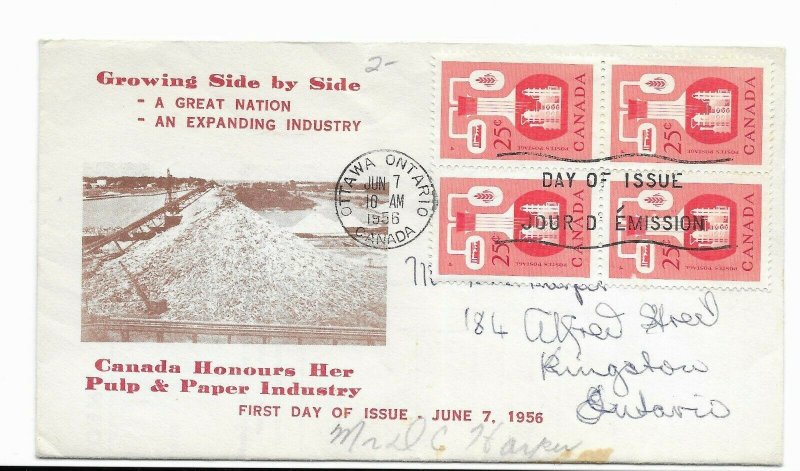 Canada Pulp & Paper Industry Scott #363 Block First Day Cover Canada