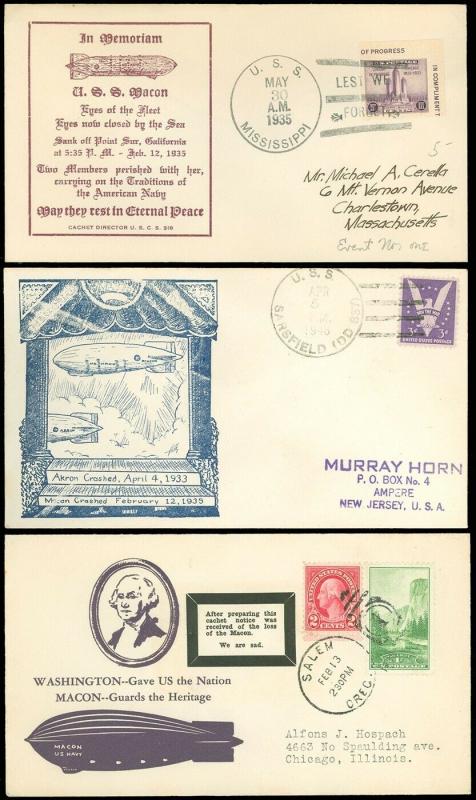 1935-48 LOT/3 Different US NAVAL USS AKRON & MACON Memorial Covers, SCV $55.00!