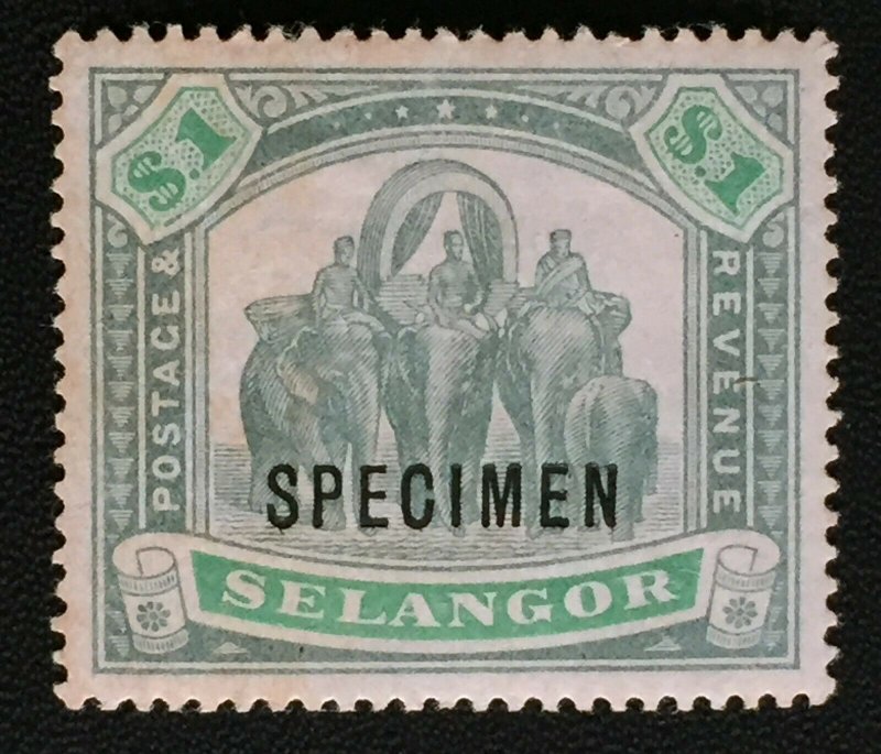 MALAYA SELANGOR 1895-99 SPECIMEN opt $1 Elephants SG#61s M3850 