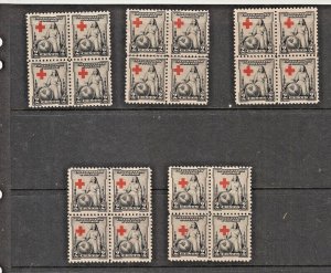 US Scott 702 Type A208 2c Greatest Mother Red Cross Shift Errors Blocks of 4 MNH