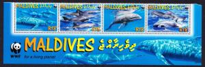 Maldives WWF Melon-headed Whale Bottom Strip of 4v with WWF Logo SG#4234-4237