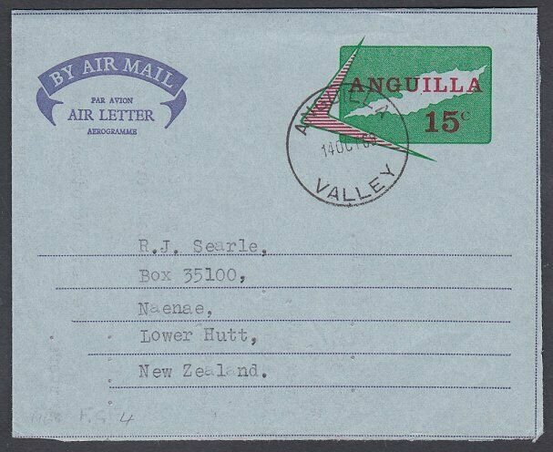 ANGUILLA 1969 15c airletter / aerogramme used ANGUILLA / VALLEY cds.......J981