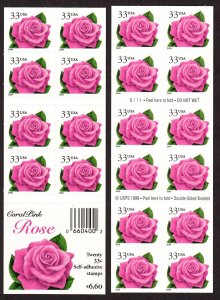 2000 Pink Rose Sc 3052Ef MINT 33c booklet of 20 plate number S1111