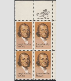 U.S.# 2038 Joseph Priestley 20c Zip Block of 4, MNH.